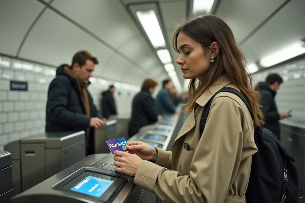 Femme utilisant son pass Navigo zones 1 à 5 dans une station de métro parisienne
