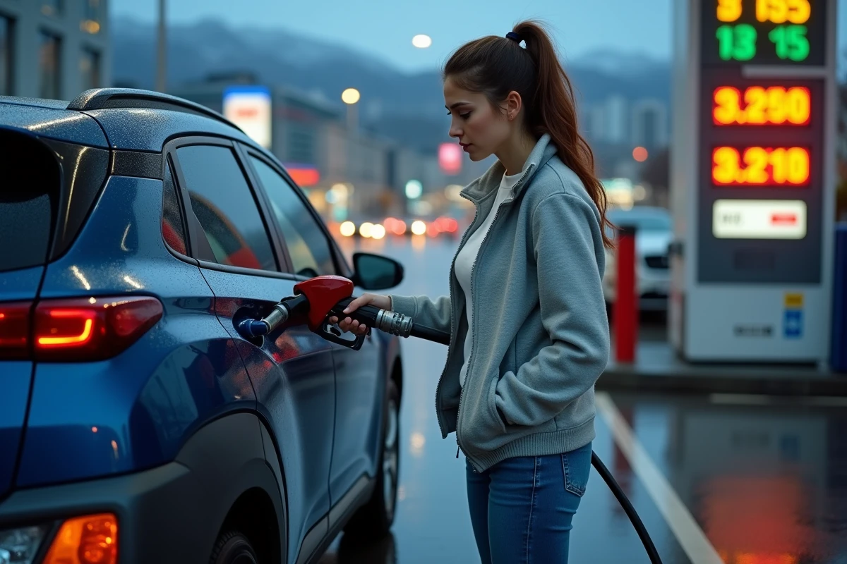 Femme faisant le plein d'un Hyundai Kona bleu à une pompe à carburant en milieu urbain
