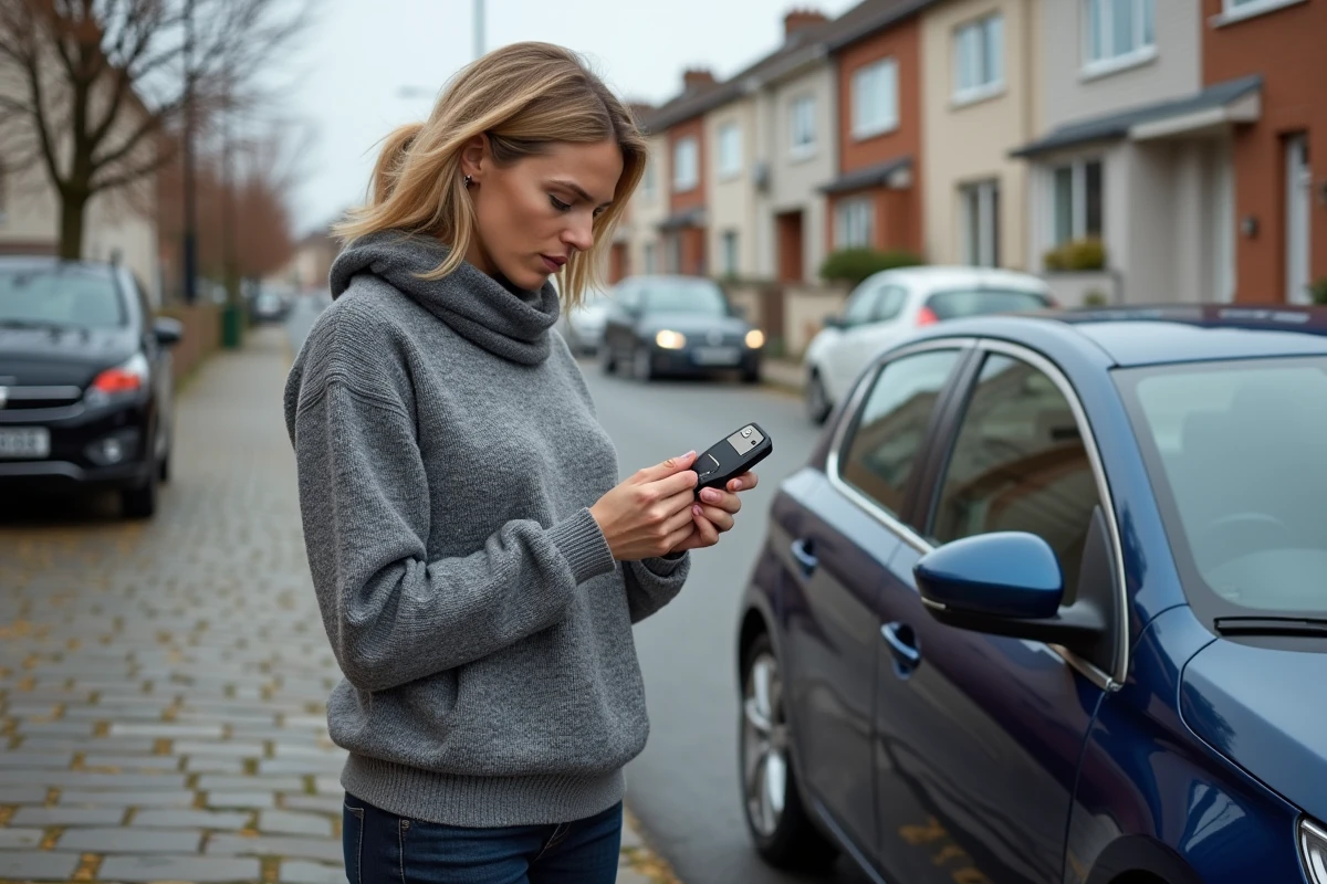 Femme perplexe tenant une télécommande de clé devant une Peugeot 308 avec un problème de fermeture centralisée