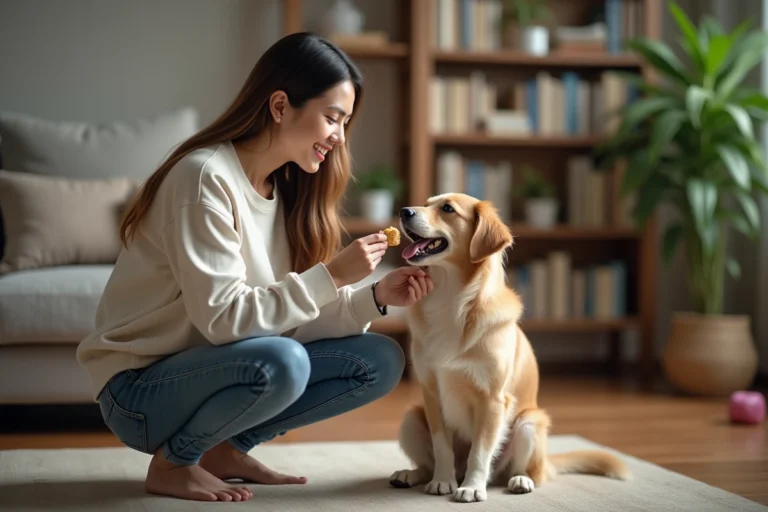 Jeune femme récompense son chien dans un salon chaleureux