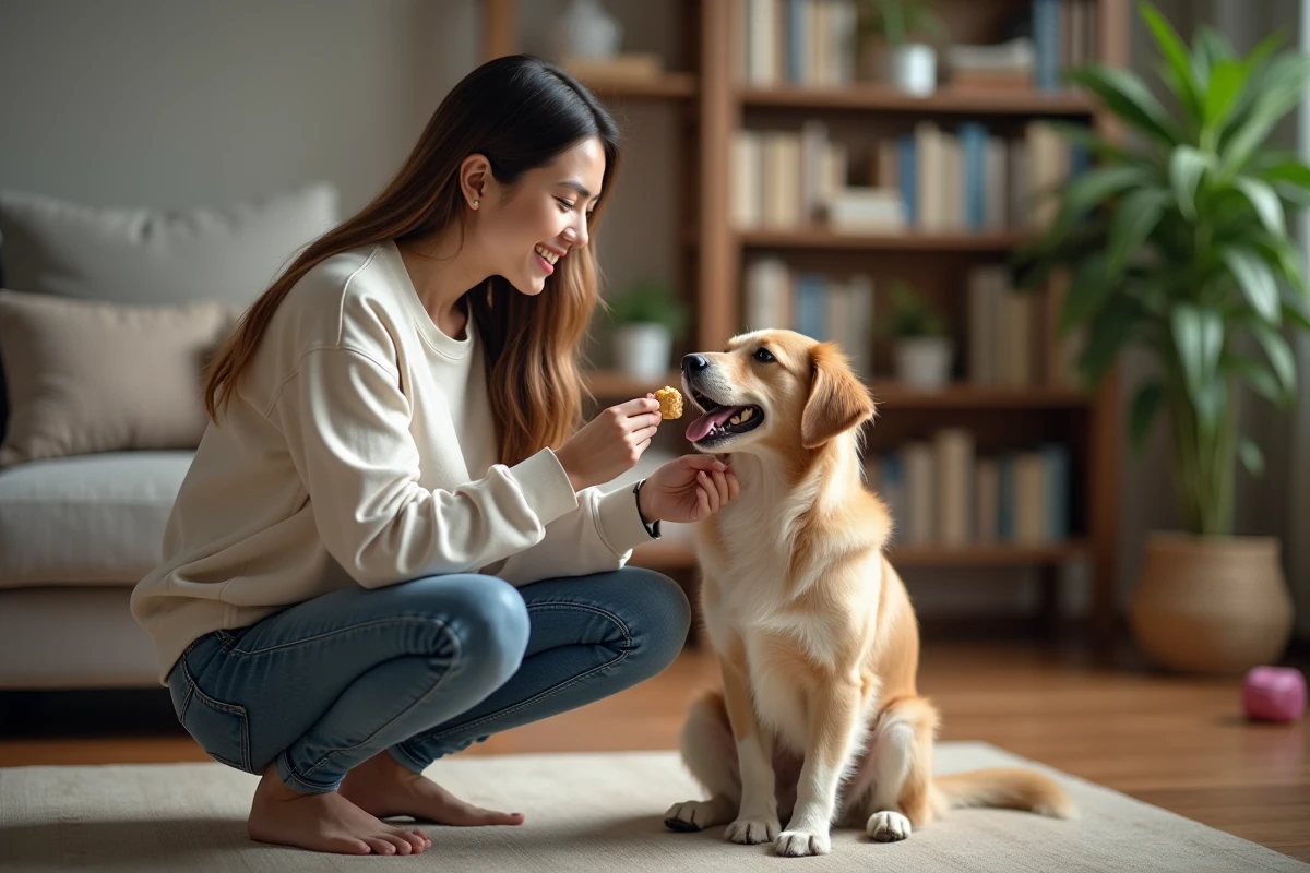 Jeune femme récompense son chien dans un salon chaleureux