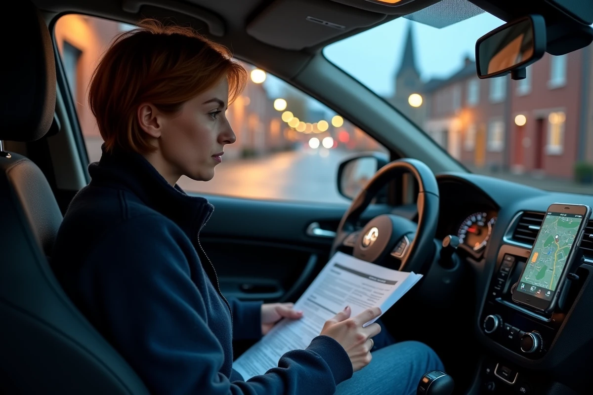 Femme consultant la réglementation dans sa voiture garée dans un village belge la nuit, pour dormir légalement en Belgique
