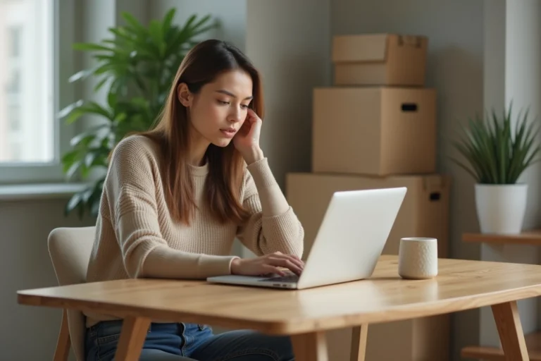 Femme utilisant une application de revente dans un appartement moderne