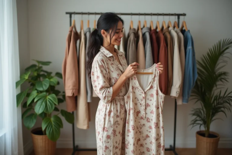 Femme souriante devant une armoire avec robe à motifs