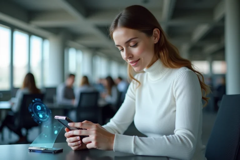 Femme utilisant un smartphone pliable avec interface futuriste dans un bureau tech minimaliste en 2024