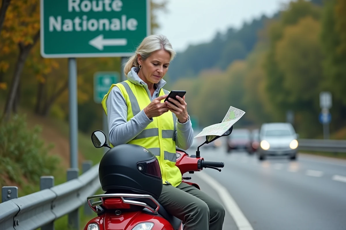 Femme vérifiant une carte sur son scooter