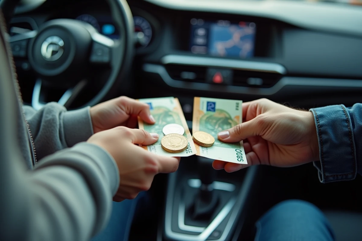 Gros plan de l'échange de billets en espèces entre un passager et un conducteur BlaBlaCar dans l'habitacle