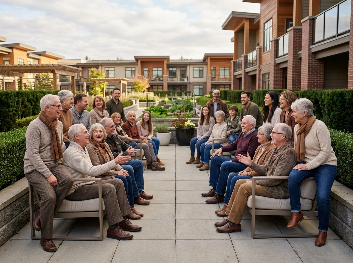 Groupe de seniors discutant en extérieur dans un patio convivial