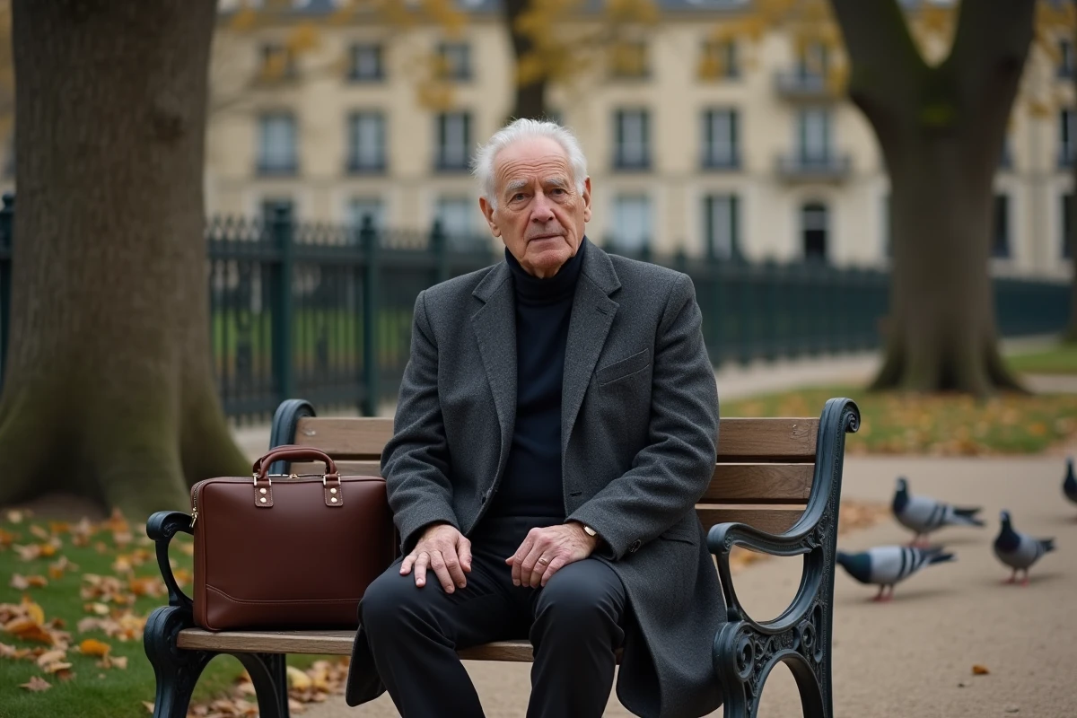 Homme âgé en manteau charbon assis seul sur un banc dans un jardin parisien en automne, regard introspectif évoquant une période de convalescence