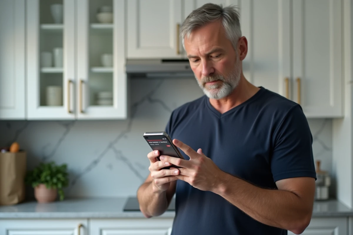 Homme vérifiant ses achats et factures Carrefour sur une application mobile dans sa cuisine