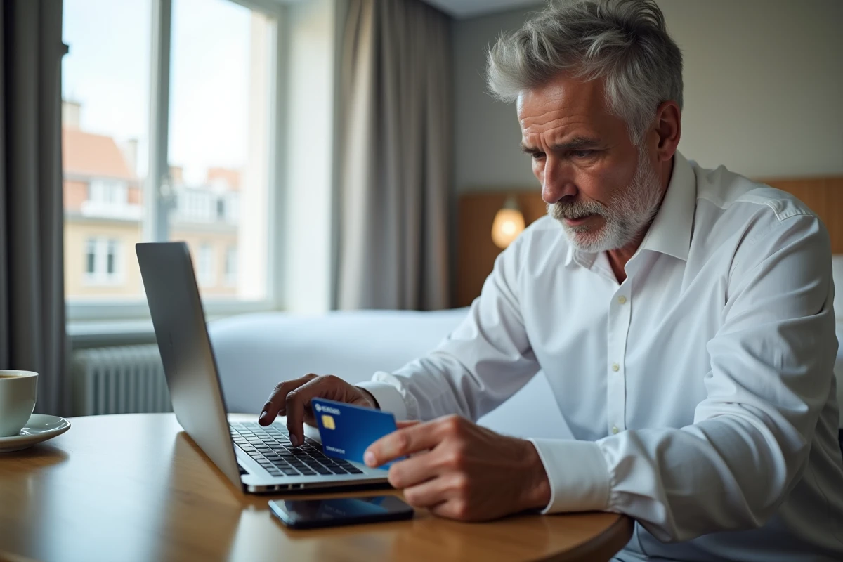 Homme consultant sa carte Flying Blue Platinum et son téléphone dans une chambre d'hôtel européenne