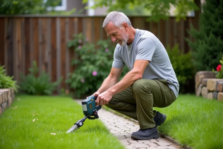 Homme utilisant un coupe-bordure sans fil pour entretenir les bords d'une pelouse dans un jardin bien soigné