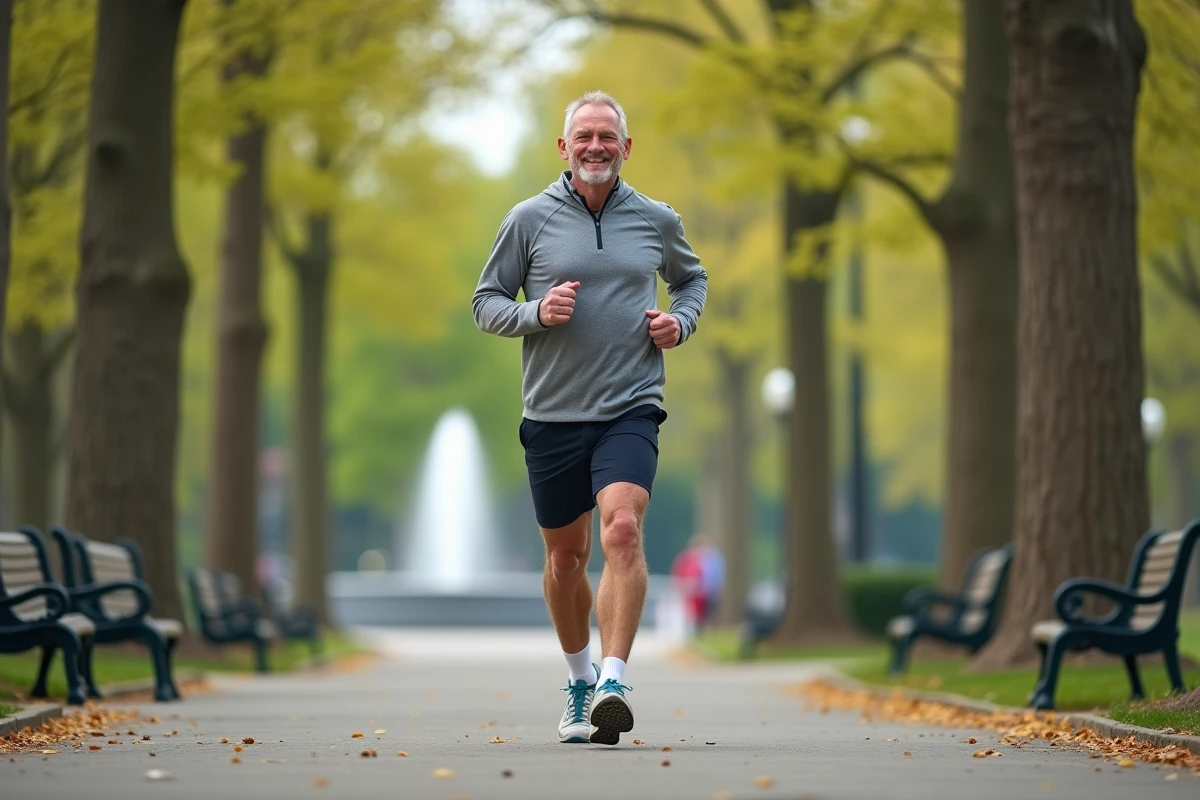 Homme courant dans un parc au printemps avec arbres en fleurs