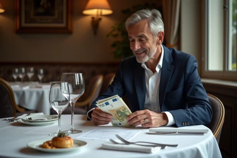 Homme en costume navy posant des billets euros sur une table élégante