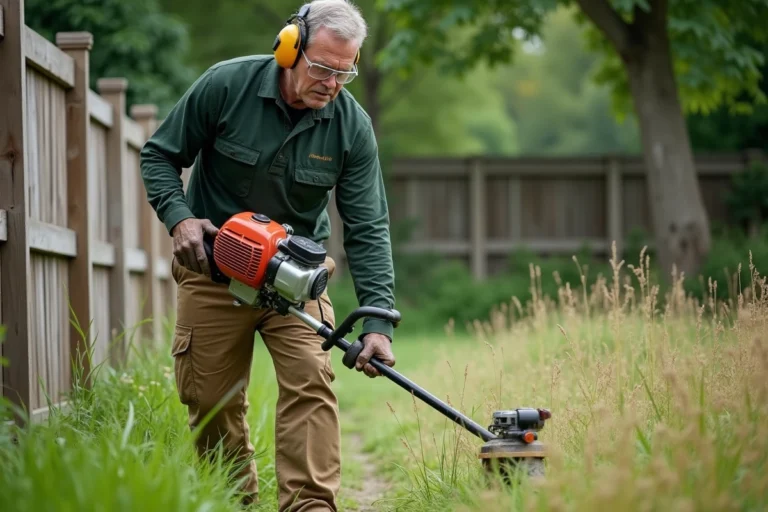 Homme utilisant une débroussailleuse thermique pour entretenir un grand jardin envahi par les herbes folles