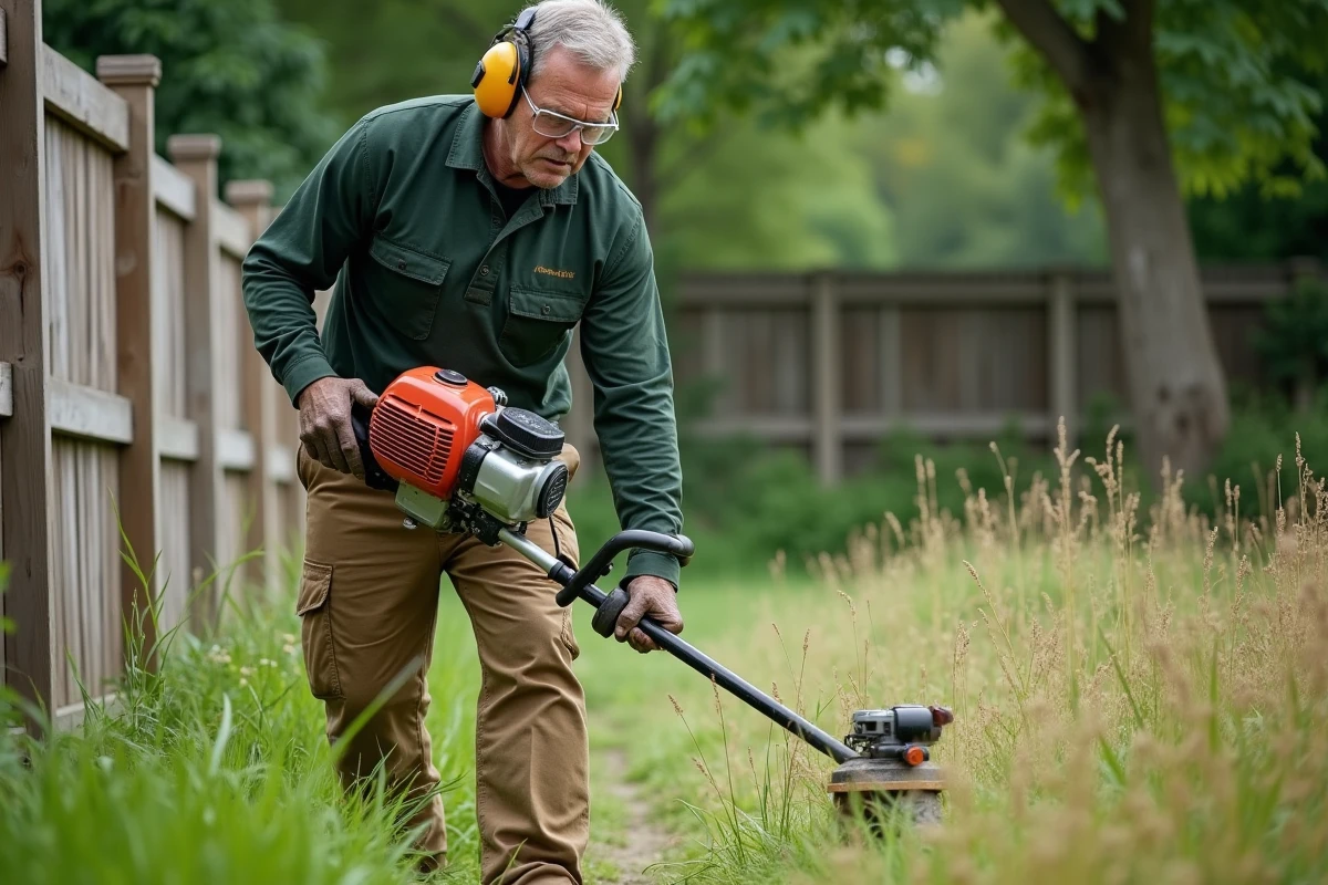 Homme utilisant une débroussailleuse thermique pour entretenir un grand jardin envahi par les herbes folles