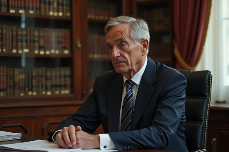Portrait d'un homme distingué en costume sombre assis dans un bureau institutionnel parisien entouré de livres de criminologie, expression fatiguée et réfléchie