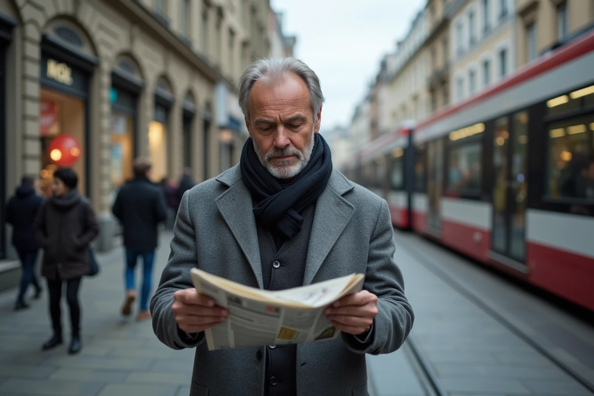 Homme lisant un journal dans une rue animée d'une ville européenne par temps couvert