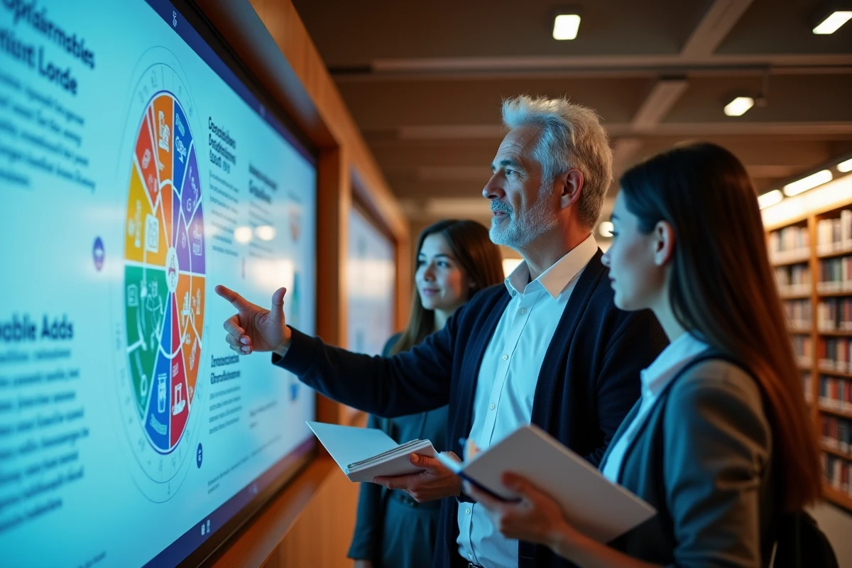 Homme et adolescents dans une bibliothèque moderne