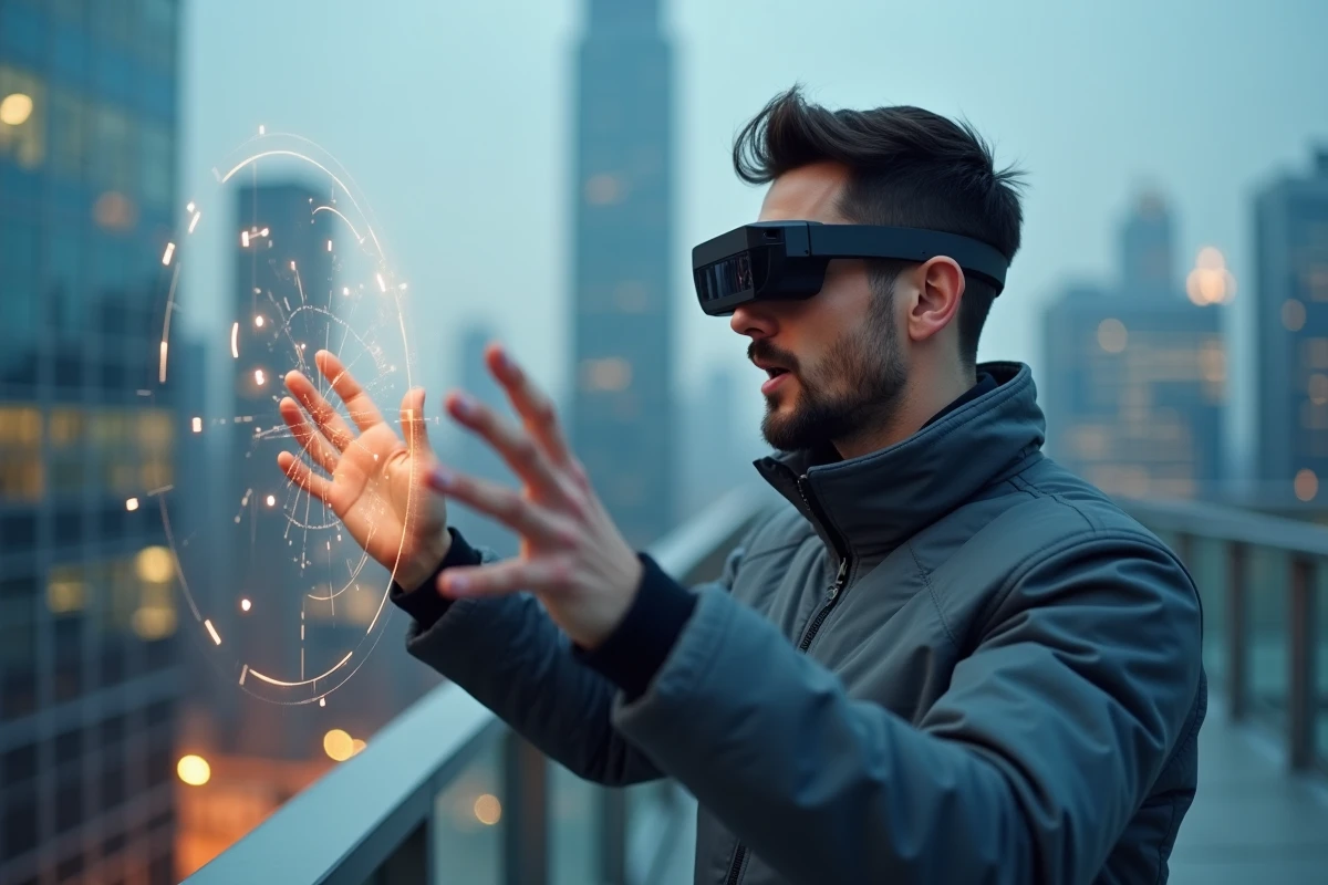 Homme portant des lunettes de réalité augmentée sur une terrasse urbaine avec skyline futuriste