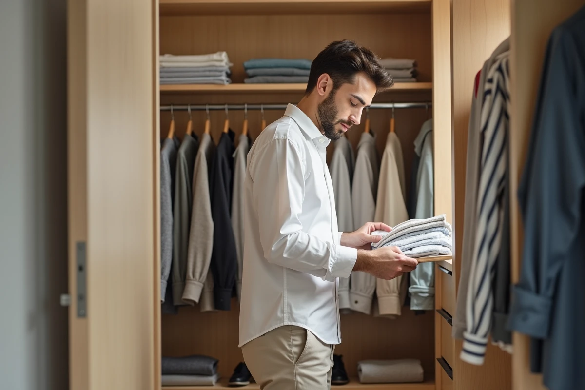 Homme arrangeant des vêtements dans un dressing organisé