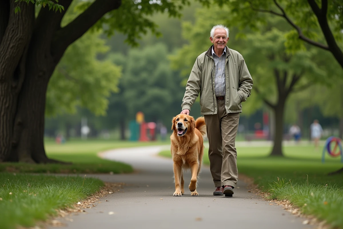 Homme âgé promène son chien dans un parc paisible