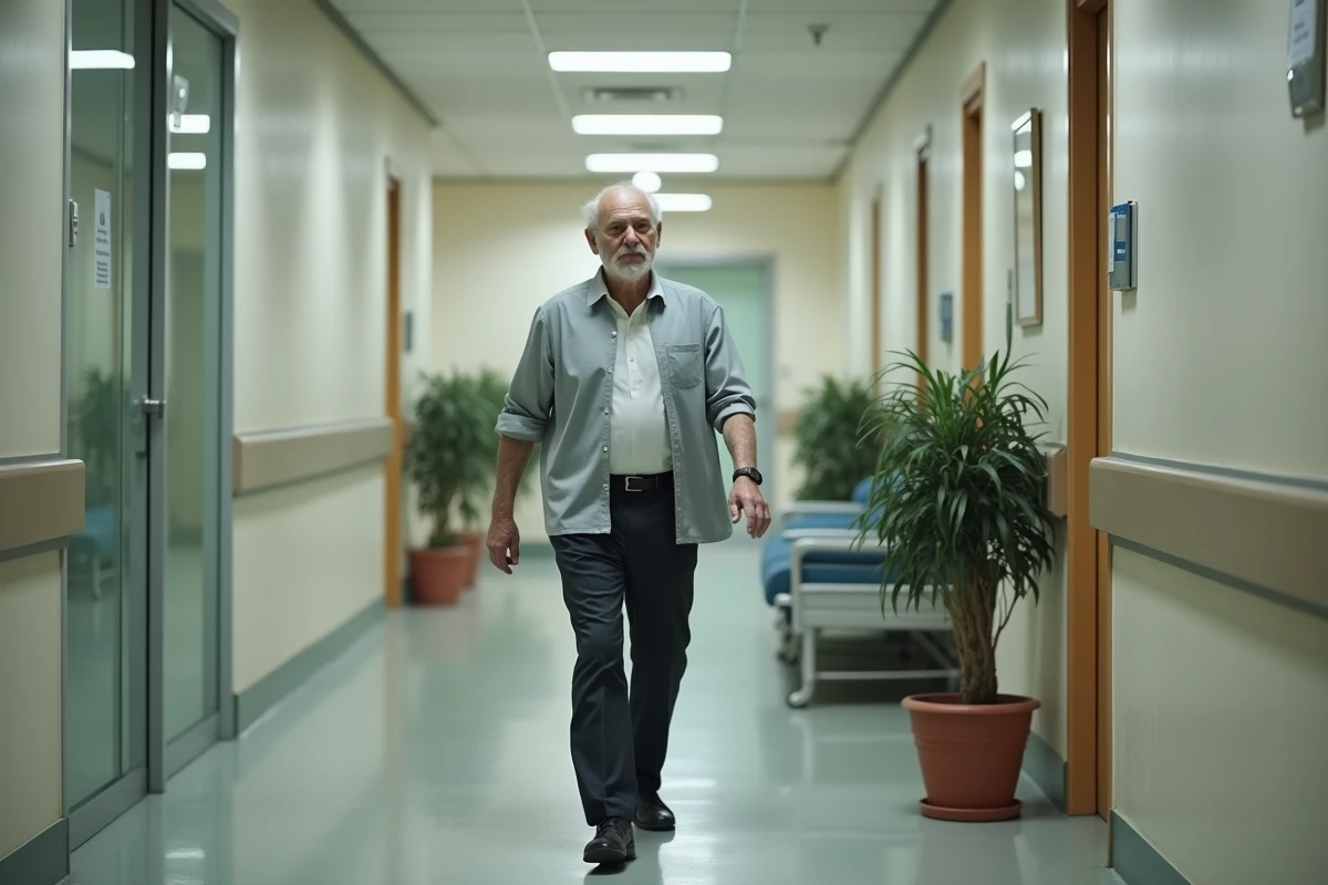 Homme senior en chemise grise marchant seul dans un couloir d'hôpital parisien, posture fatiguée évoquant un suivi médical en 2026