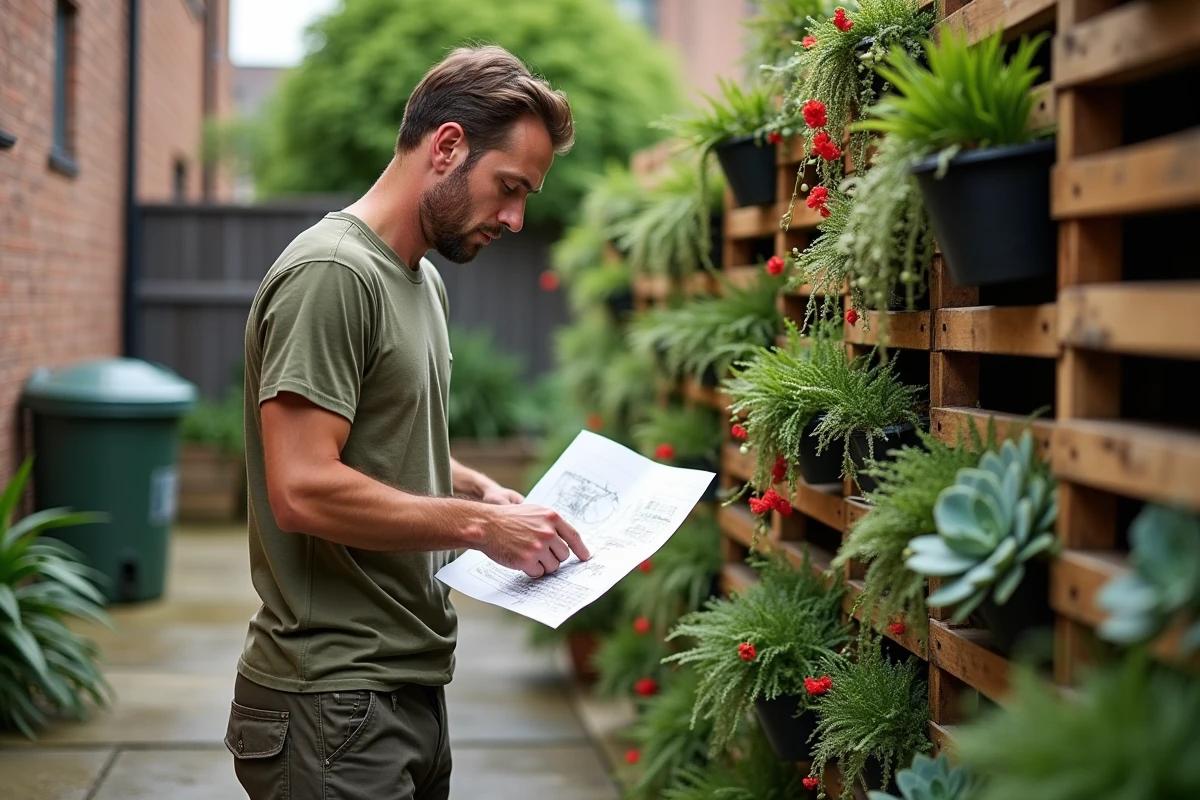 Homme debout devant un mur végétal en palettes de bois avec des succulentes et des fougères dans un jardin urbain
