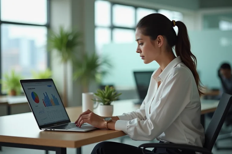 Jeune femme d'affaires analysant des données sur son ordinateur dans un bureau lumineux