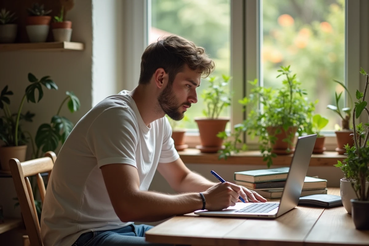 Jeune homme à la table avec livres de jardinage et ordinateur