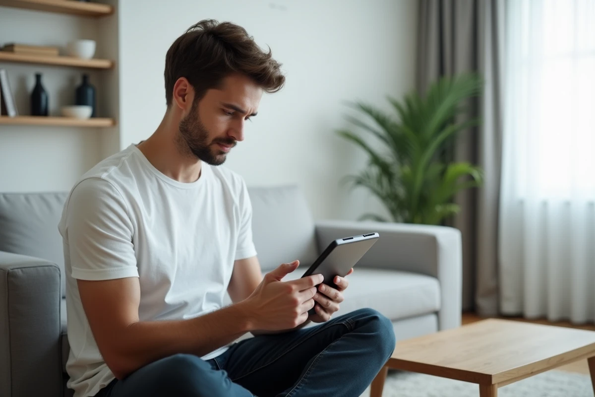Jeune homme naviguant sur la page sitemap d'un site d'actualités via une tablette dans son salon