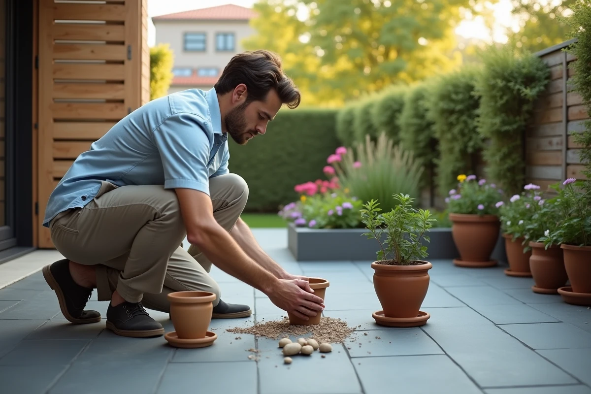 Jeune homme arrangeant des pots de fleurs sur le patio anthracite