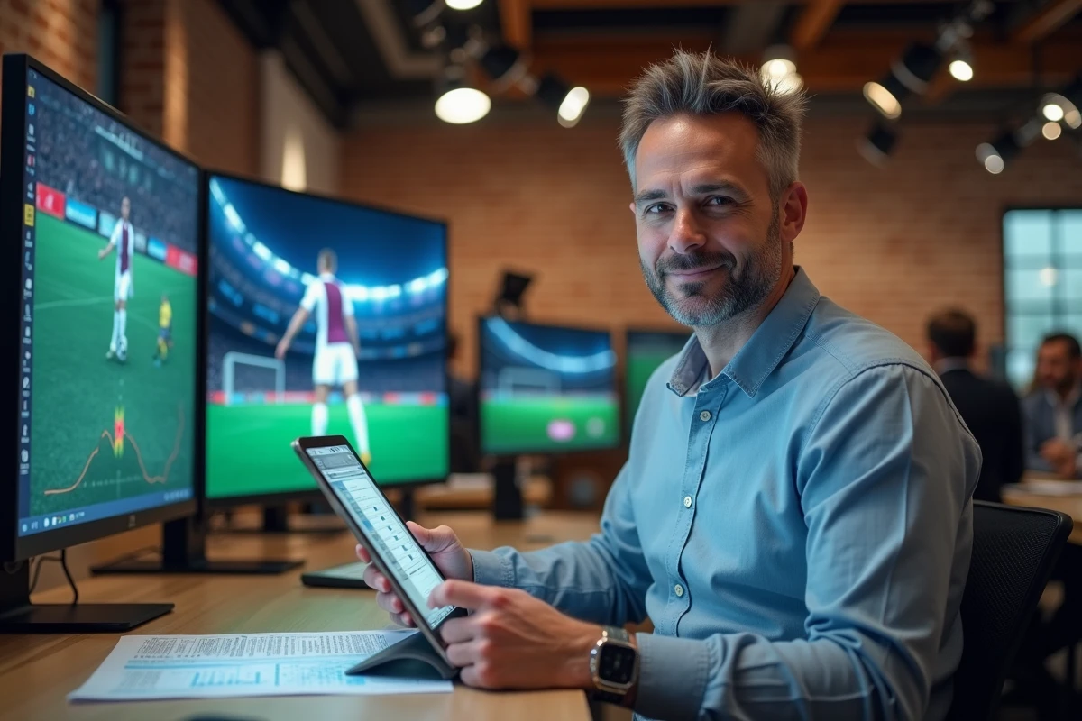 Journaliste sportif masculin analysant des statistiques de football sur une tablette dans une salle de rédaction moderne
