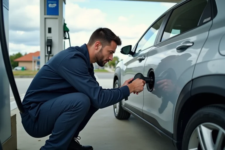 Mécanicien lisant l'étiquette du bouchon de réservoir d'un Hyundai Kona à la station-service pour identifier le carburant recommandé