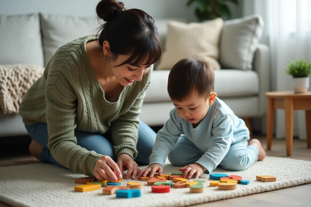 Mère et jeune enfant résolvant ensemble un puzzle en bois coloré sur un tapis de jeu dans un salon cosy