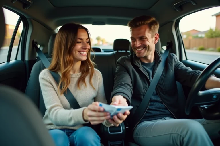 Passager remettant des billets en espèces à un conducteur BlaBlaCar à l'intérieur d'une voiture