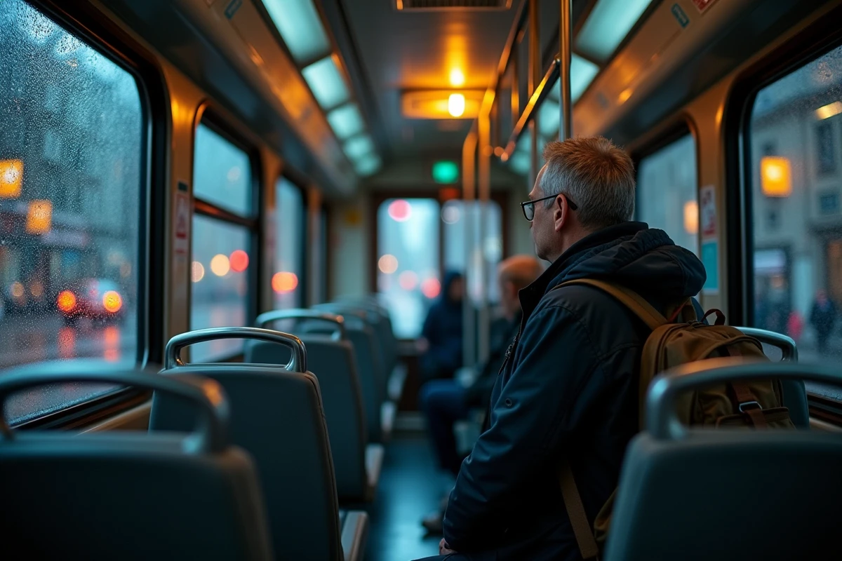 Passager dans un tram de Grenoble la nuit regardant défiler la ville par la fenêtre