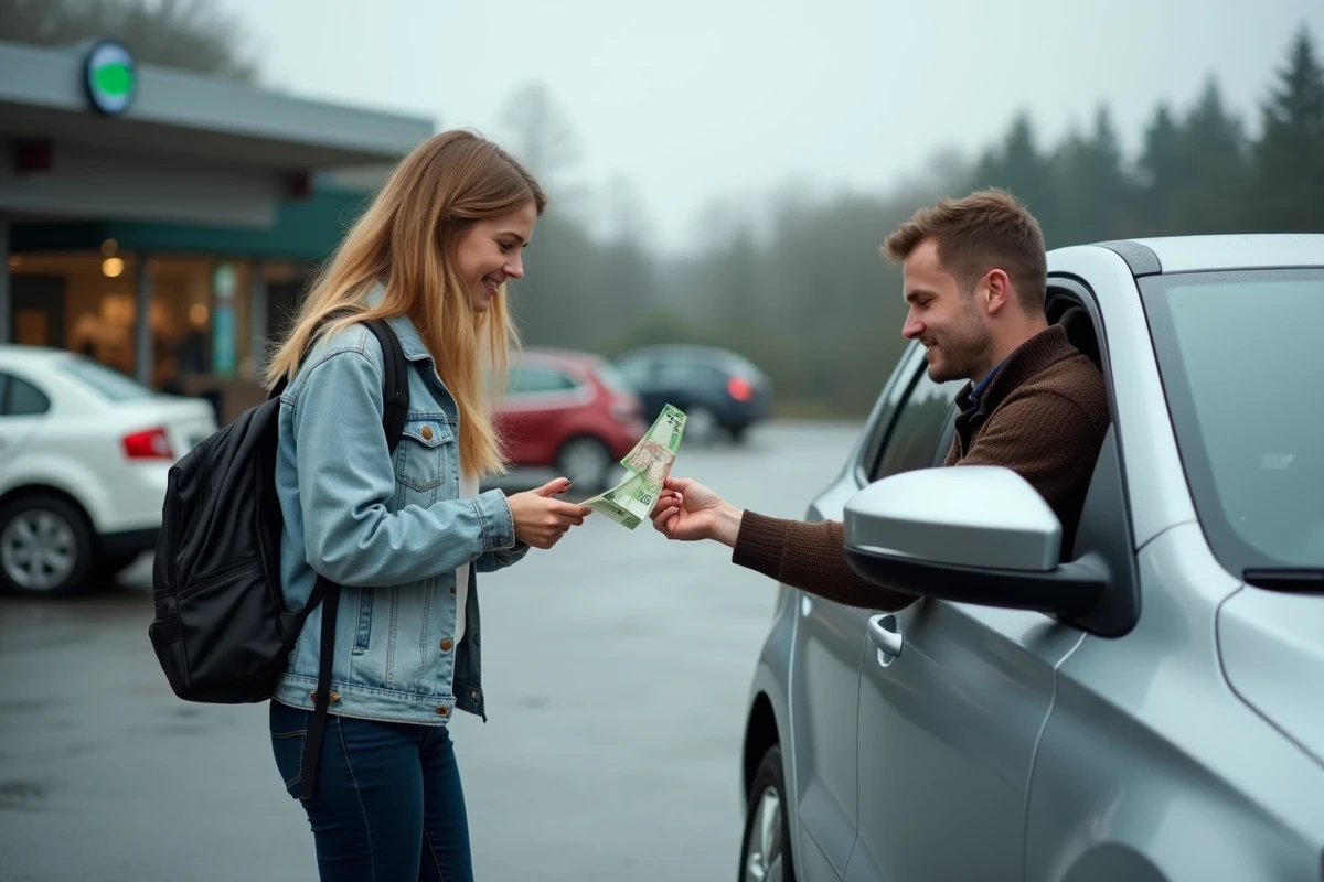 Jeune femme payant en espèces un conducteur BlaBlaCar à l'arrêt dans un parking d'autoroute