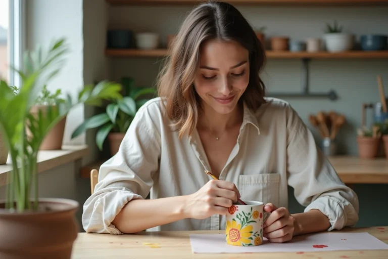 Jeune femme peignant un mug en céramique coloré