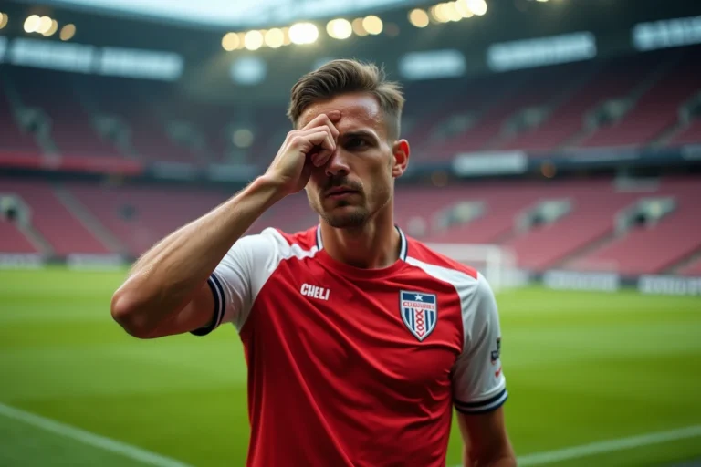 Portrait d'un footballeur professionnel en maillot rouge et blanc sur le terrain après un match, expression déterminée