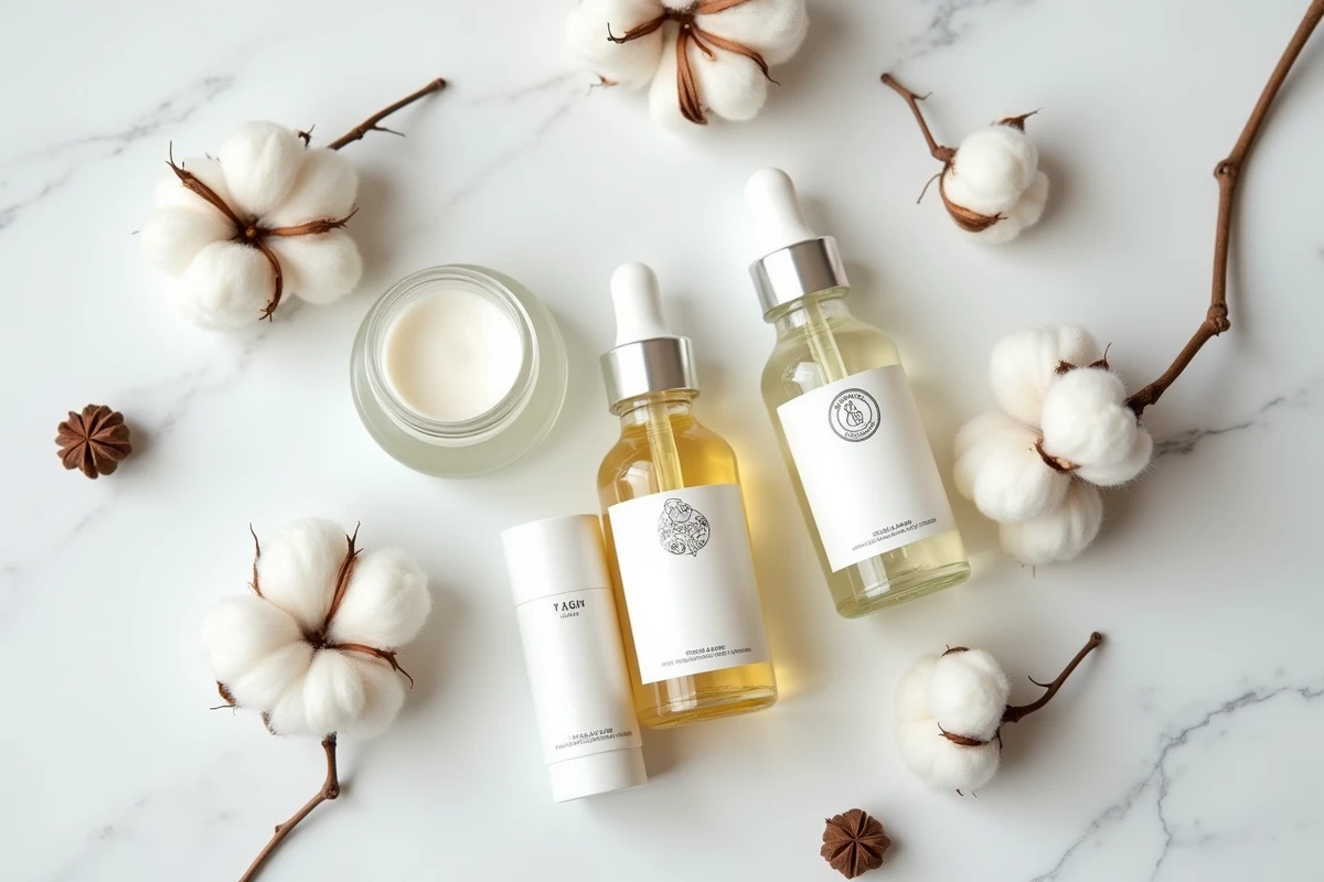 Produits cosmétiques cruelty free et vegan avec logos de certification sur marbre blanc