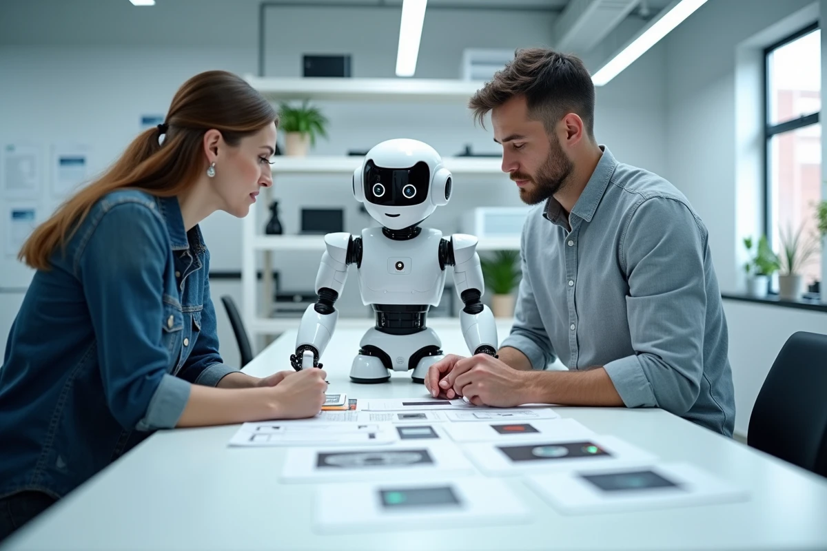 Deux professionnels analysant un prototype de robot humanoïde dans un laboratoire de recherche technologique