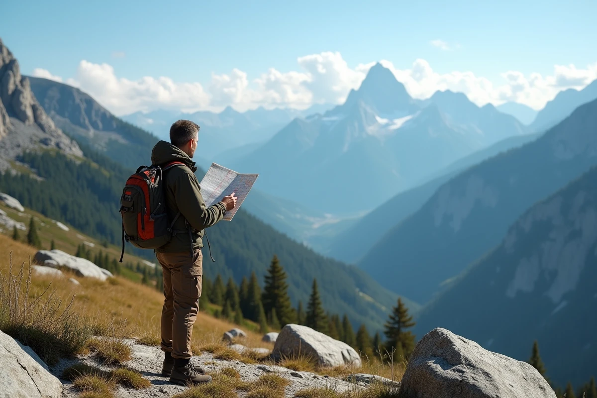 Randonneur contemplant un panorama de montagne alpine avec vallées et sommets enneigés