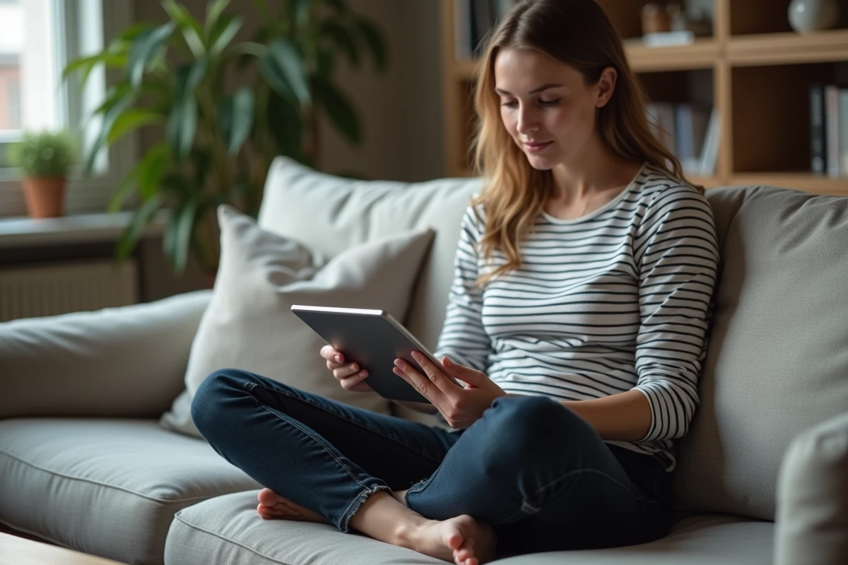 Jeune femme réinitialisant son mot de passe AOL Webmail sur une tablette dans un salon