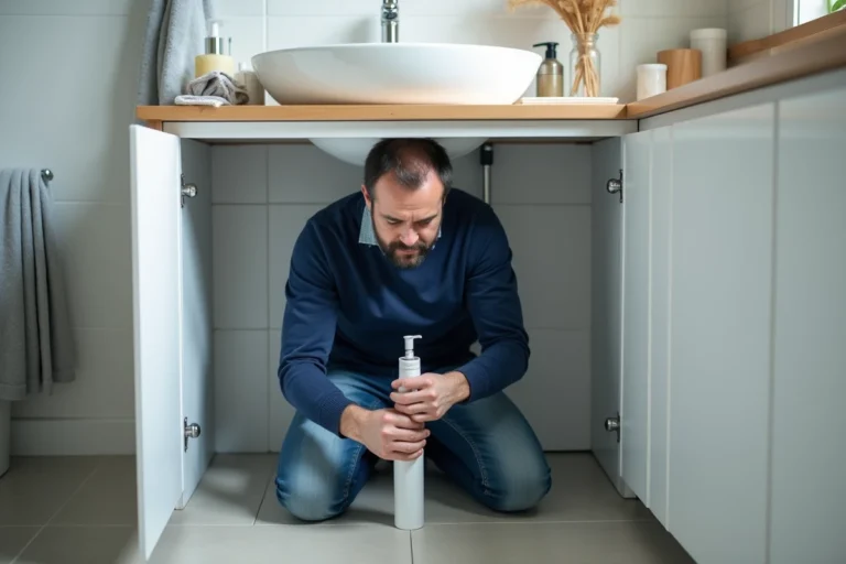 Homme d'âge moyen répare un siphon sous un lavabo