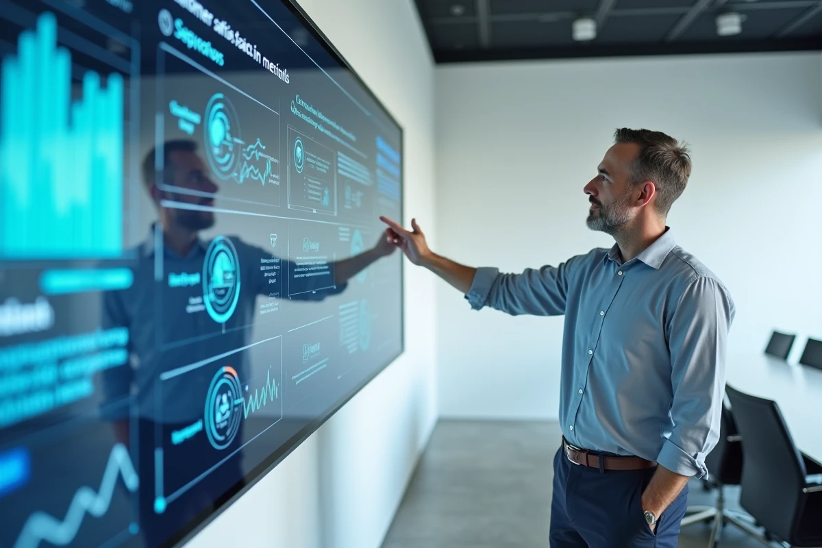 Responsable d'équipe présentant des métriques de satisfaction client sur un écran interactif dans une salle de réunion d'entreprise moderne