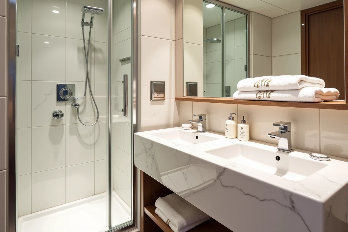 Salle de bain haut de gamme d'une cabine premium Costa avec douche à effet pluie et vanity en marbre de Carrare