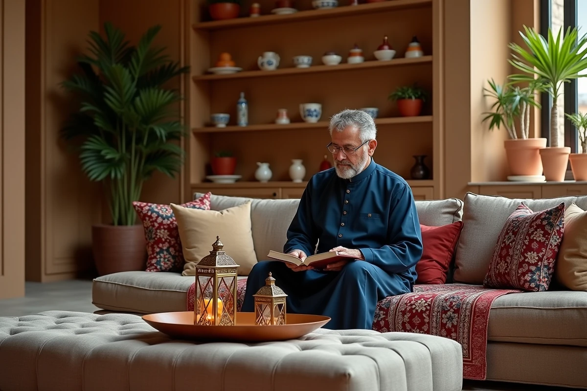 Salon moderne avec coussins en soie et homme lisant un livre