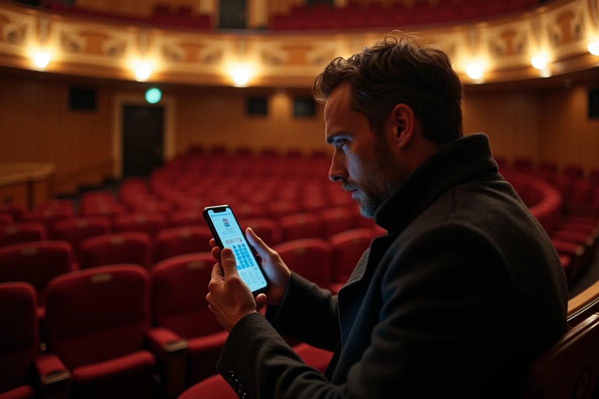 Homme consultant un plan de salle numérique sur smartphone en mezzanine d'un théâtre vide pour sélectionner ses meilleures places