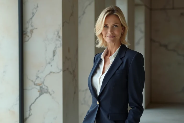 Femme blonde élégante en blazer marine debout près d'un mur en marbre illustrant les proportions et la silhouette d'une célébrité